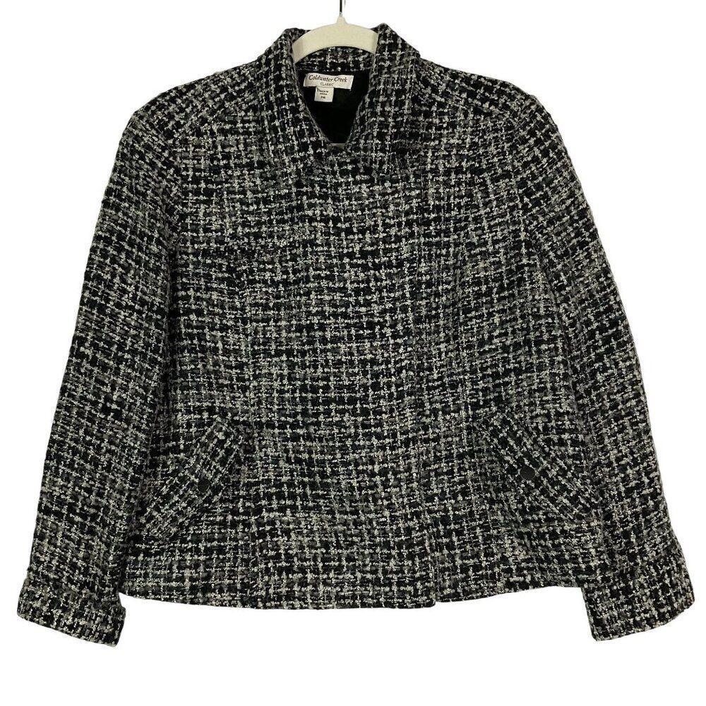 Coldwater Creek Mohair Wool Blend Moto Tweed Jacket, Black & Gray, Petite 16
